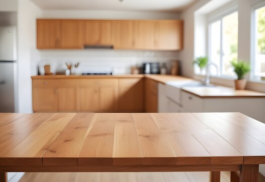 A kitchen with a wooden table and a window with a plant on it