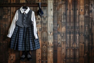 School uniform on wooden background - generative ai