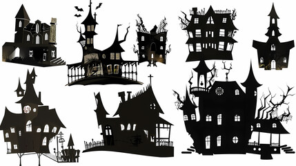 Collection of haunted house shadows, scary halloween house set
