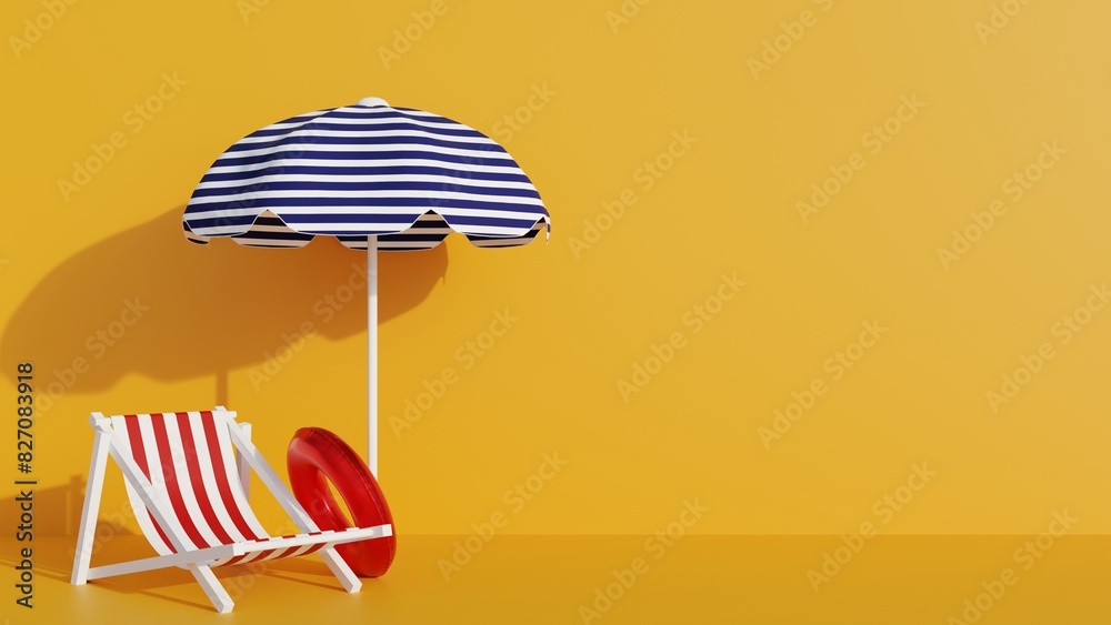 Wall mural summer vacation 3d illustration. 3d render summer umbrella and chair on yellow background