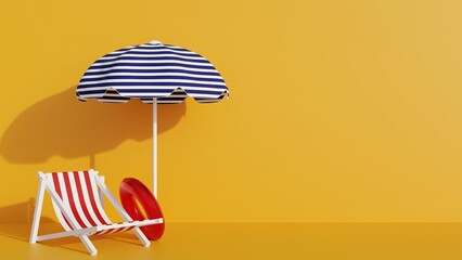 Summer vacation 3d illustration. 3d render summer umbrella and chair on yellow background