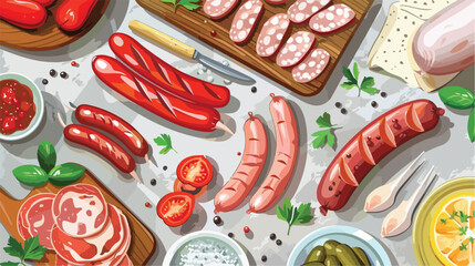 Different types of tasty sausages and ingredients 