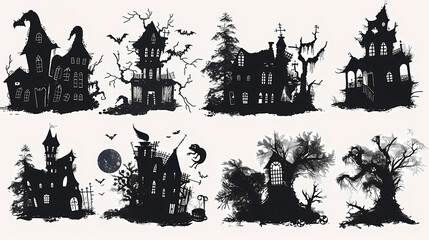 Fototapeta premium Collection of haunted house shadows, scary halloween house set
