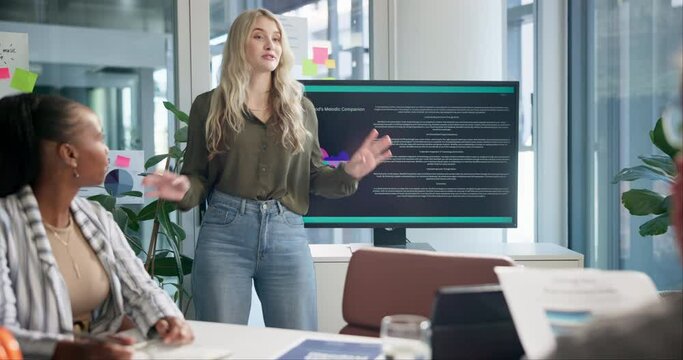 Business woman, presentation and screen with clients in office for project development, information or meeting. Speaking, employees and investors for logo design, website layout or creative report