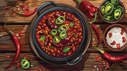 Dish and plate with chili con carne on wooden background