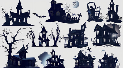 Collection of haunted house shadows, scary halloween house set