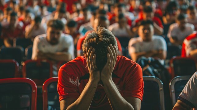 Disappointed football fans react to their team's loss in the stands. Faces show sadness and dismay after the defeat. the fans wearing red and white t-shirt .