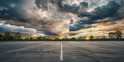 dramatic clouds over a clean parking lot with trees in the distance. No people or cars - Powered by Adobe