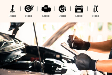 Hand auto mechanic using check list after repairing car engine problem with car service icons....