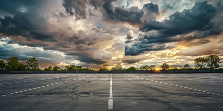 dramatic clouds over a clean parking lot with trees in the distance. No people or cars