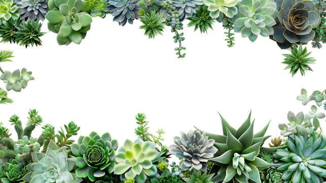Variety of succulent plants as a frame border, copy space isolated on transparent background.