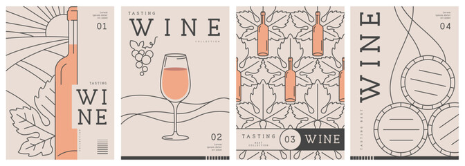 Set of modern line art magazine covers or posters with wine bottles and glasses. Restaurant menu design. Vector illustration