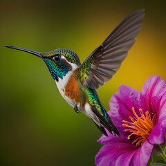 Fototapeta premium Flying hummingbird with green forest in background. Small colorful bird in flight. Digital art
