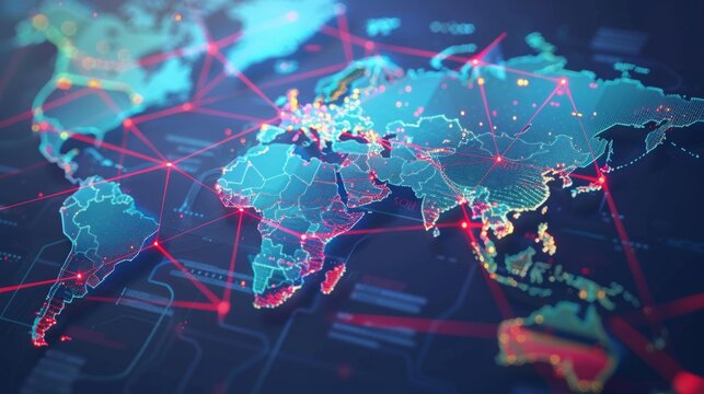 A map of the world with various lines and dots representing geographical features, routes, and connections between different countries and regions.