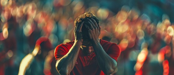 Disappointed football fans react to their team's loss in the stands. Faces show sadness and dismay after the defeat. the fans wearing red and white t-shirt .
