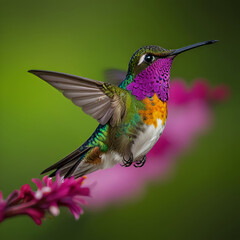 Fototapeta premium Flying hummingbird with green forest in background. Small colorful bird in flight. Digital art