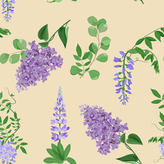 Seamless vector illustration with lilac, lupine and wisteria on a beige background