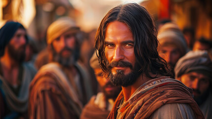 Obraz premium A close-up portrait of Jesus, capturing his serene expression and compassionate eyes. The image reflects his wisdom, warmth, and divine presence. 