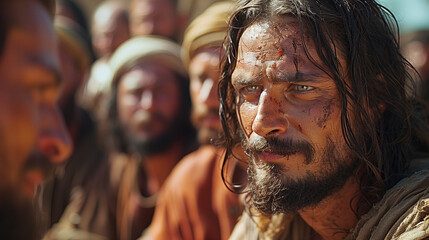 Obraz premium Jesus speaking to the crowd, surrounded by his disciples in ancient Jerusalem. The scene captures Jesus' serene expression as he passes on wisdom and knowledge with warmth and compassion. 