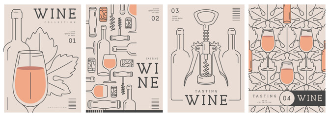 Set of modern line art magazine covers or posters with wine bottles and glasses. Restaurant menu design. Vector illustration