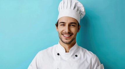 Confident professional chef smiling in white uniform with hat against blue background