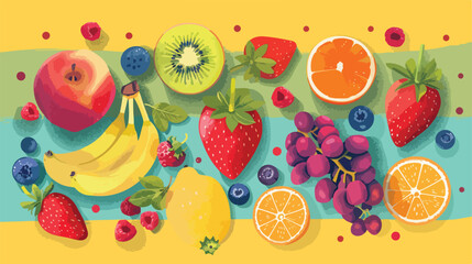 Flat lay composition with fresh fruits on color background
