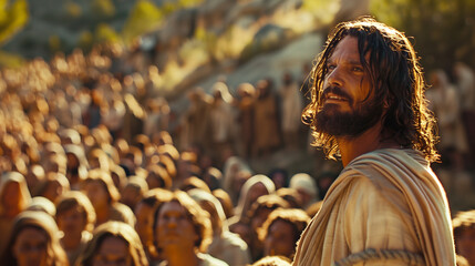 Jesus performing the miracle of feeding the 5000, with loaves and fish multiplying in his hands. He stands on a hillside surrounded by a large, amazed crowd and his disciples. 