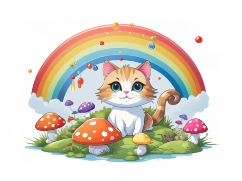 Cute kitten cat cartoon rainbow mushroom.  illustration. Isolate background