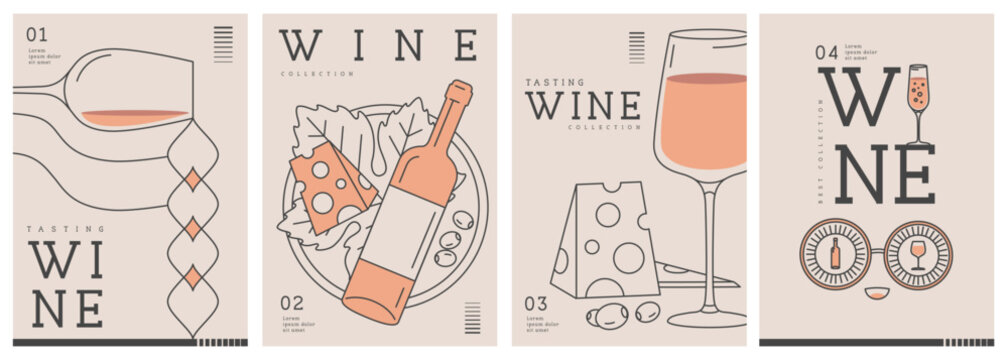 Set of modern line art magazine covers or posters with wine bottles and glasses. Restaurant menu design. Vector illustration