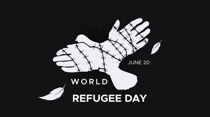 Commemorating World Refugee Day, June. design concept of refugees who migrate due to violent behavior and war. the symbol of a dove bound by barbed wire and a black background