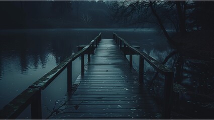 wooden bridge over the river, pier in the night - Powered by Adobe