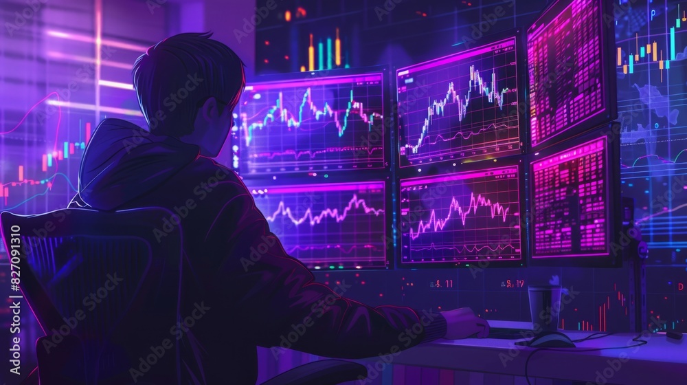 Poster a man seated at a desk, focused on multiple computer monitors displaying data and information.
