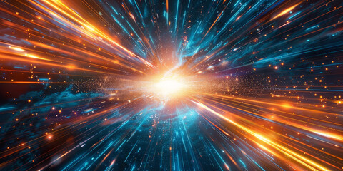 Naklejka premium Dynamic burst of light with blue and orange streaks, futuristic abstract background showcasing energetic motion and vibrant illumination in a cosmic space theme.banner 