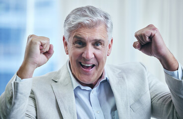 Office, mature man and celebration in portrait for success, company goals and corporate...