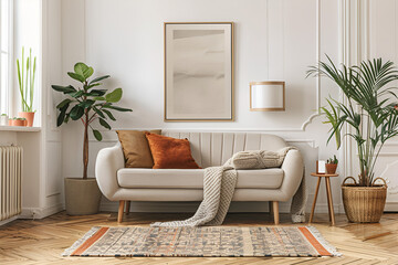Modern Scandinavian home interior design characterized by an elegant living room featuring a comfortable sofa, mid century furniture, cozy carpet, wooden floor, white walls, and home plants.