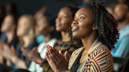 An engaged black woman is clapping with a crowd in a seminar or conference hall