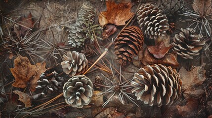 Autumn woodland litter featuring pine cones twigs foliage and needles Vintage photograph