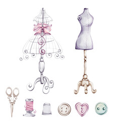 A collection of fashion items including a dress, a mannequin, scissors, and a sewing kit