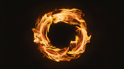 Abstract golden fire circle with light effect on black background, generated by AI
