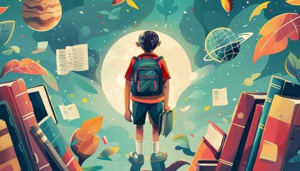 A boy is standing in front of a pile of books and a backpack - Powered by Adobe