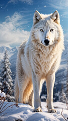 White Wolf Standing in a Snowy Landscape.