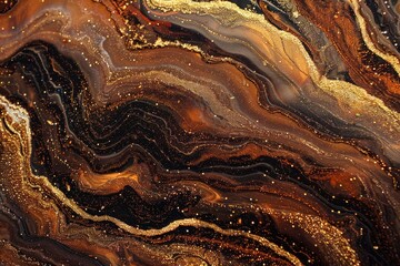 Abstract fluid art background dark golden and copper colors. Liquid marble. Acrylic painting on canvas with brown lines and gradient. Alcohol ink backdrop with glitter wavy pattern - generative ai
