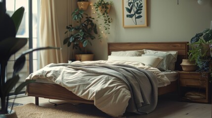 A cozy bedroom with a wooden bed frame,  soft textiles,  and a comfortable feel