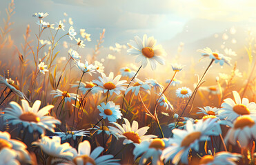 A field of daisies basking in the golden sunlight, their petals gently swaying with each gentle breeze. The soft focus on the background adds to the dreamy atmosphere. Created with Ai