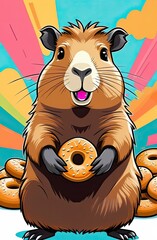 Obraz premium Cute Capybara Indulging in a Donut Treat Illustration
