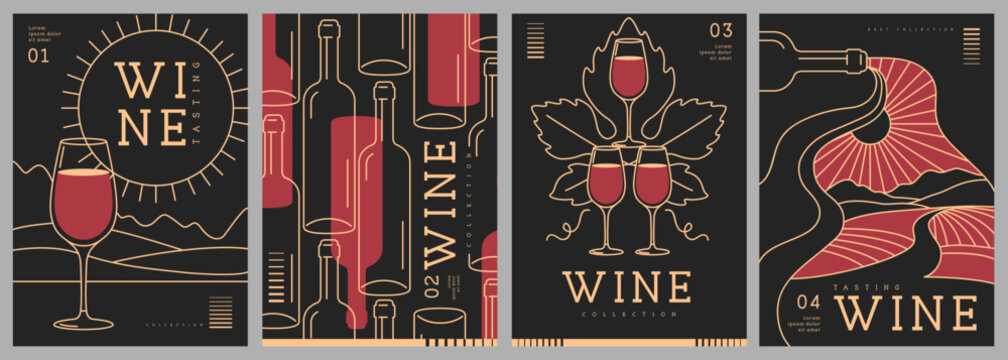Set of modern line art magazine covers or posters with wine bottles and glasses. Restaurant menu design. Vector illustration