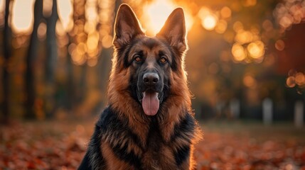 A dog, nose closer to the ground, examines leaves in a sunlit field Its expressive face turns towards the camera, beaming a broad smile Sunset behind (4