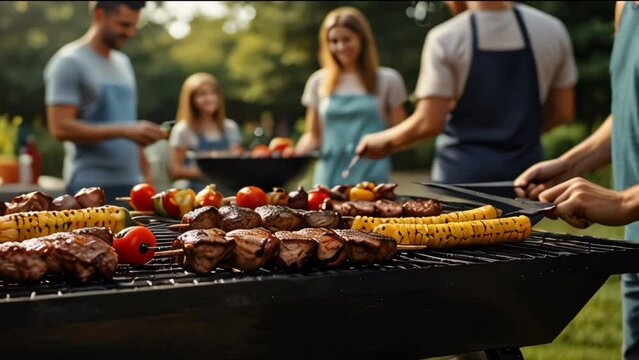 Family grilling ribs and vegetable on grill during family's summer garden party.