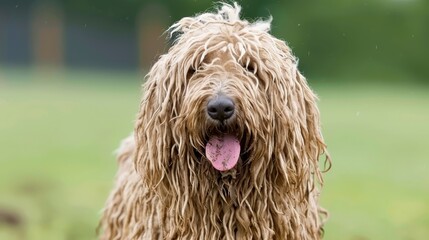  A shaggy dog with its pink tongue extended, faces a lush green field dotted with trees The background softly blurs