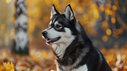 Obraz premium foreground, his focused eyes meet the lens; background, an array of trees and fallen foliage blend into a softly blurred